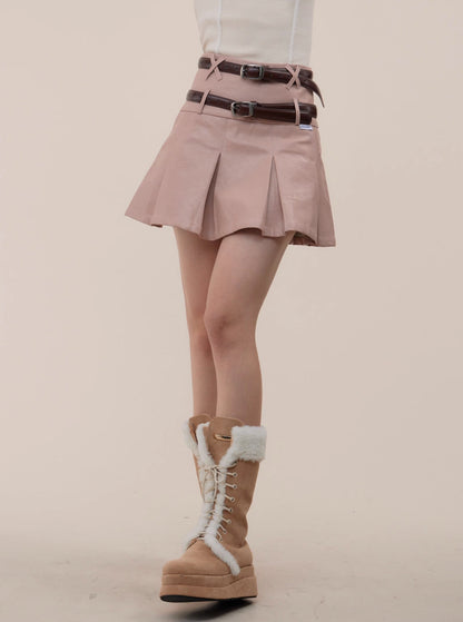 American pleated A-line PU leather skirt