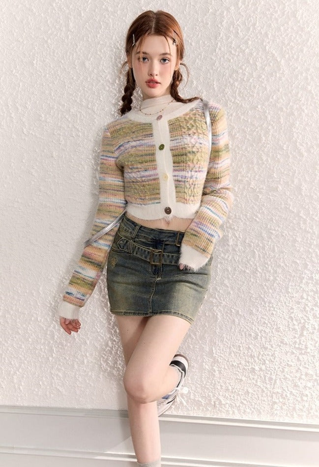 Stripe Knit Cropped Cardigan Tops