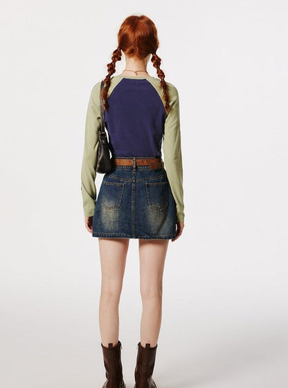 AMERICAN RETRO WAIST A-LINE SMALL DENIM SKIRT