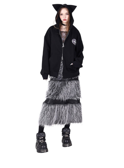 Double Zipper Black Silver Y2K Fur Skirt