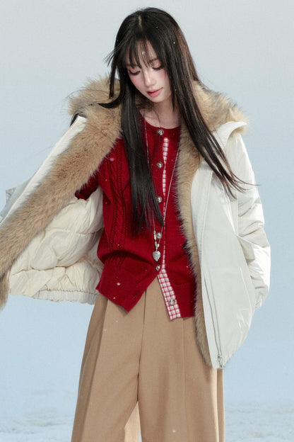 Red Patchwork Knit Cardigan