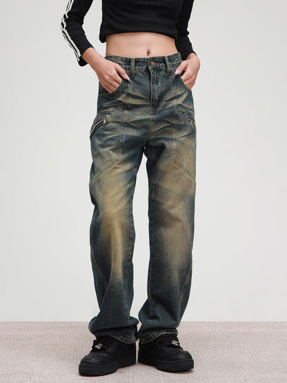 American patchwork washed jeans pants