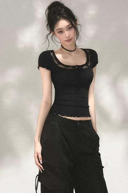 Lace Ruffle Short Sleeve Top