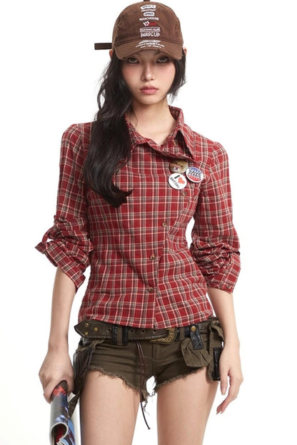 Loose Fit Waist-Tightening Plaid Shirt