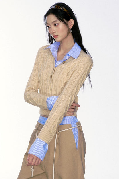 Retro V-Neck Spliced Twist Sweater