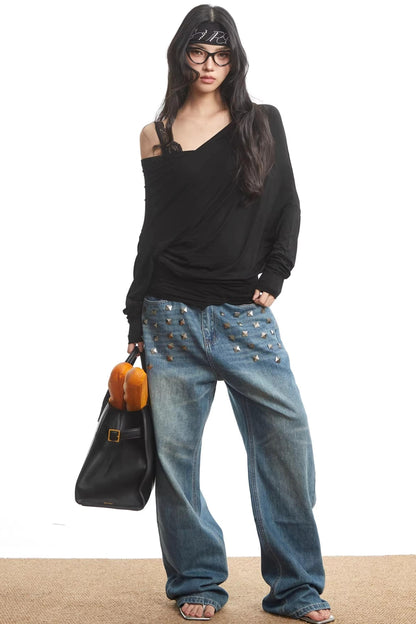 Lace Splicing Off-Shoulder Top