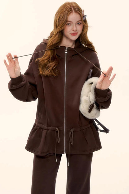 Hooded Drawstring Fleece Jacket Set-Up