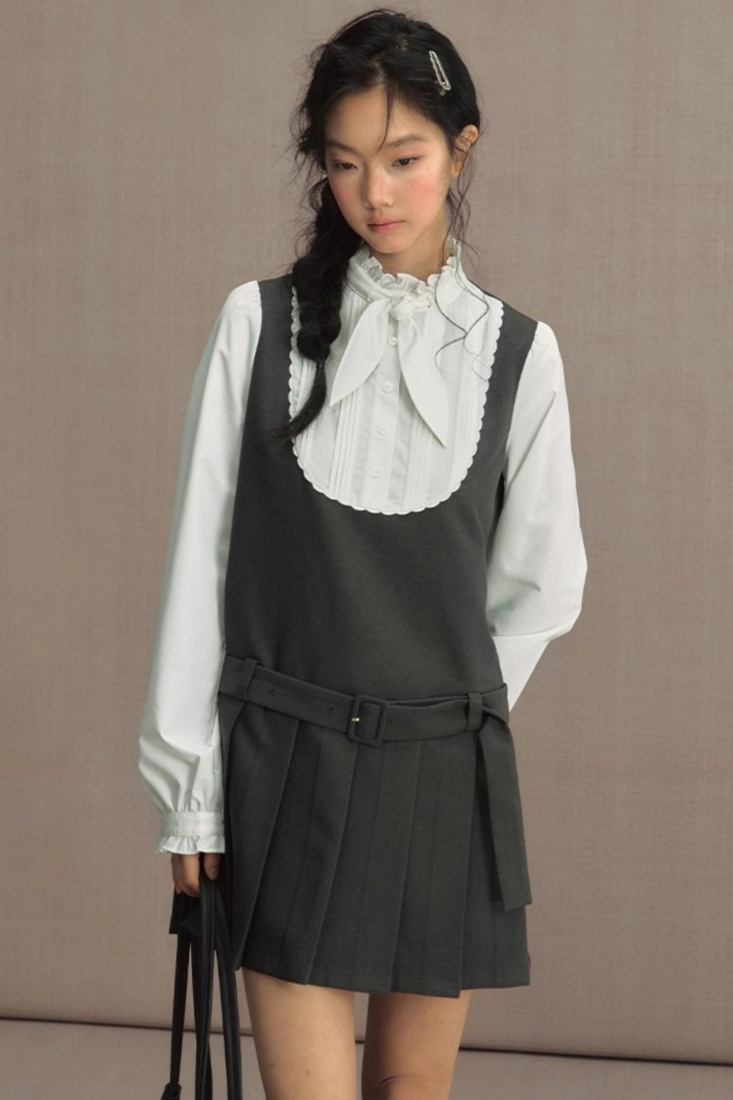 Fake Two-Piece Bow Lace-Up Shirt Dress