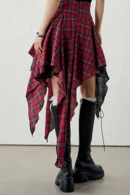 Irregular Plaid Patchwork Skirt