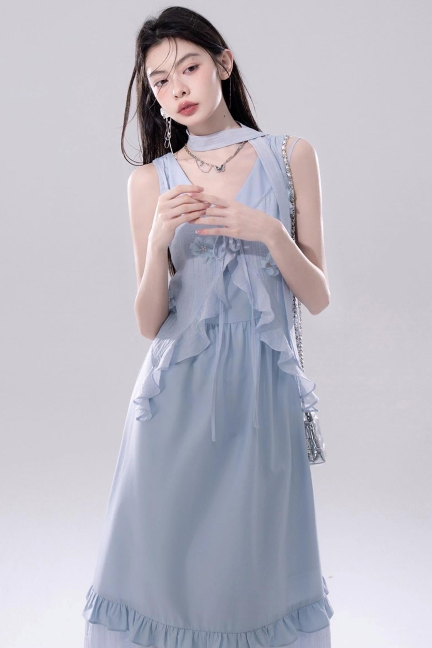 Romantic Blue Flower Cardigan Skirt Set