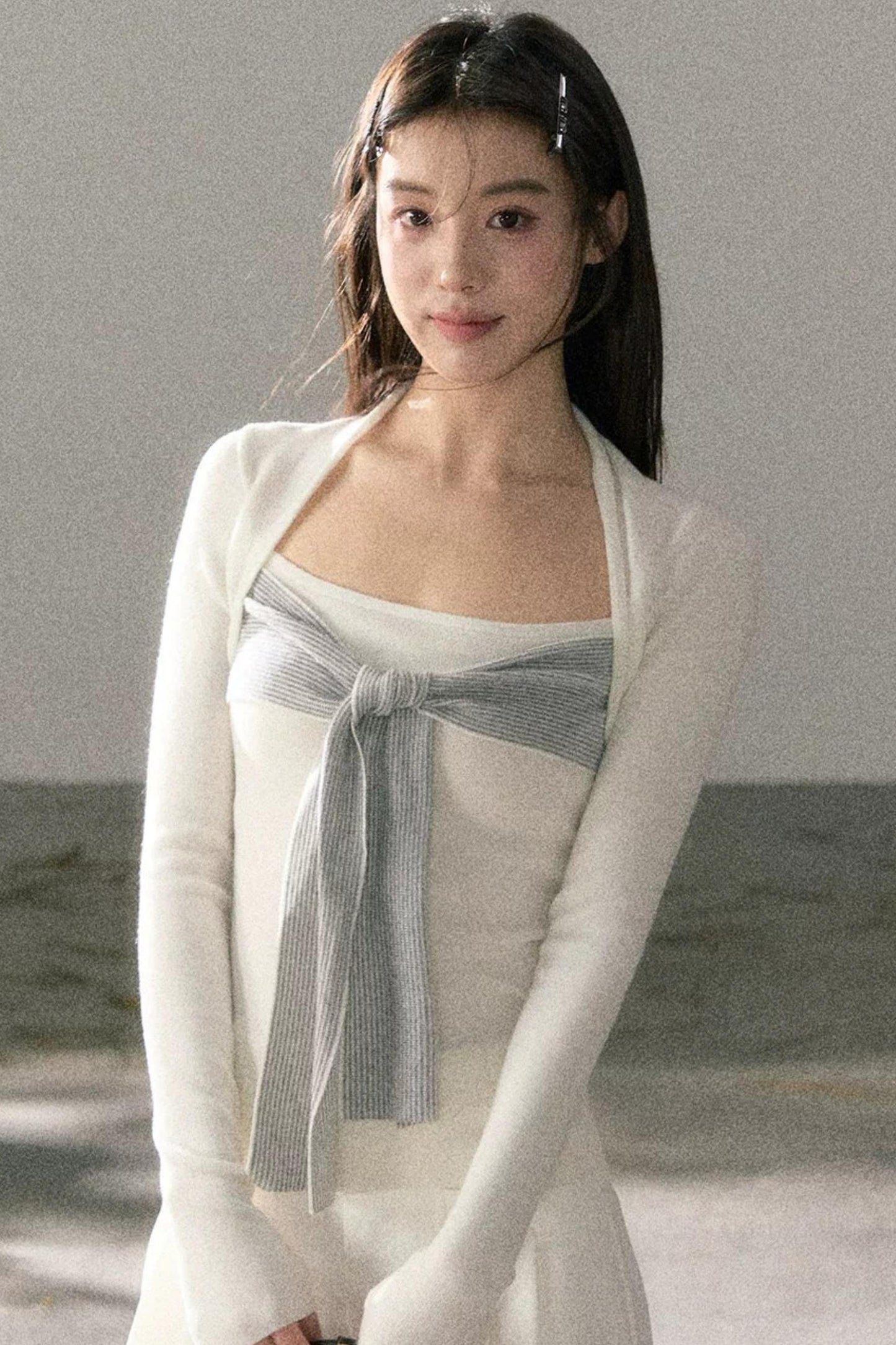 컬러블록 스퀘어넥 니트 탑 세트업