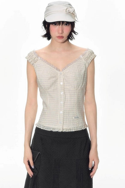 Checked Sleeveless One-Shoulder Shirt Set-Up