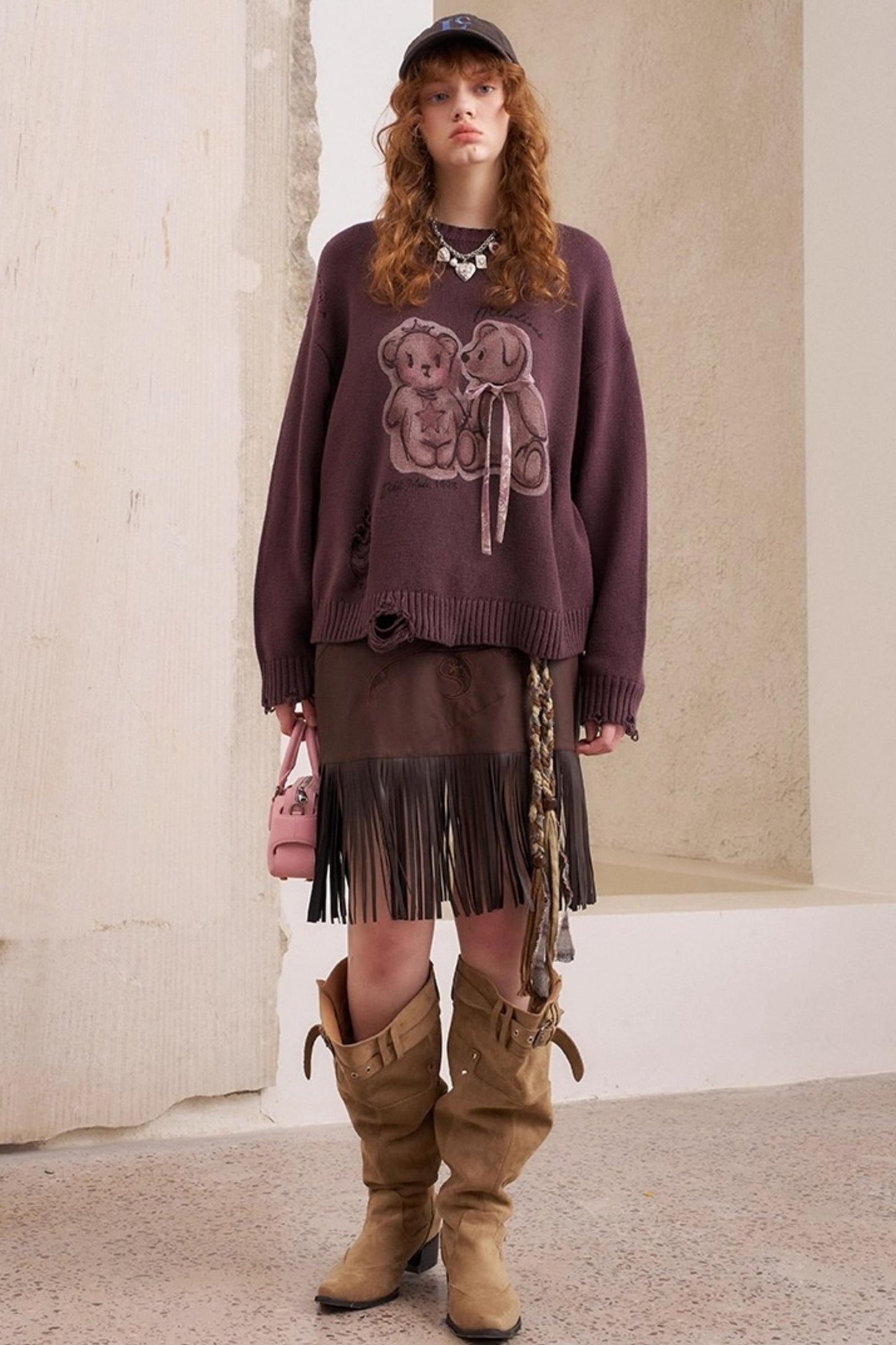 Kiss Bear Print Long Sleeve Sweater