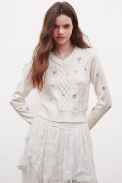 Embroidered V-Neck Knit Sweater