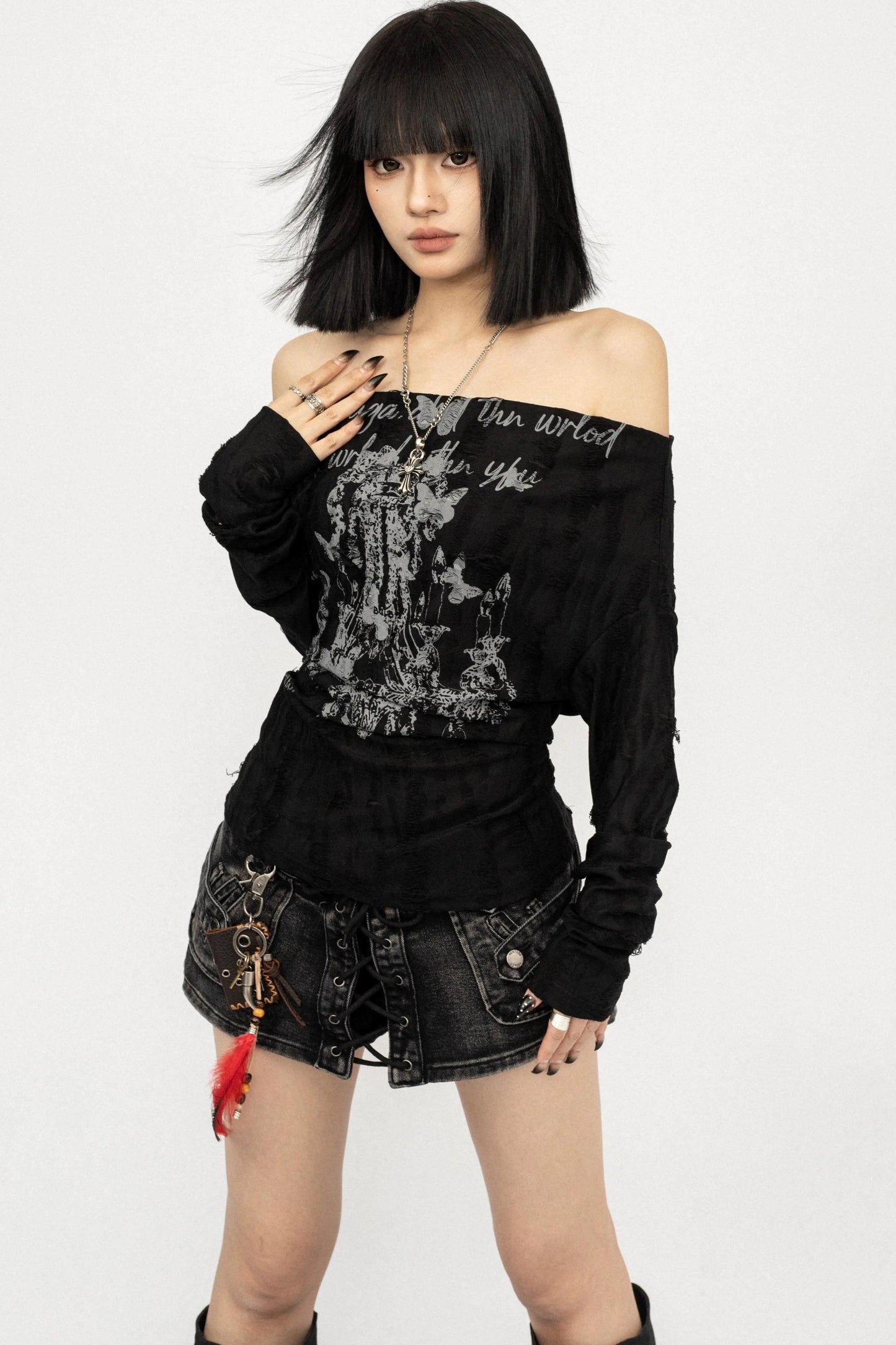 Dark Print One-Shoulder Top