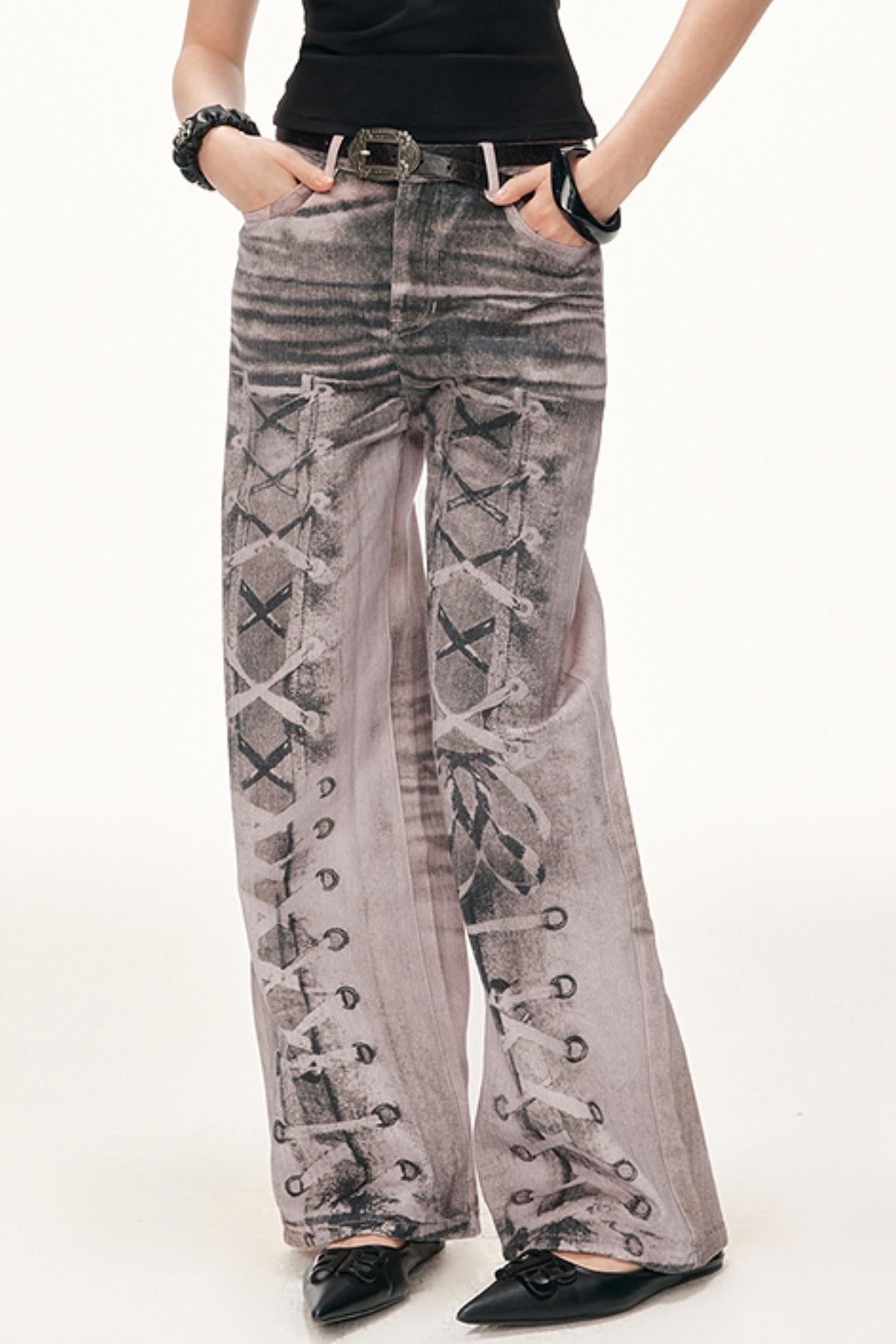 Digital Print Wide-Leg Jeans