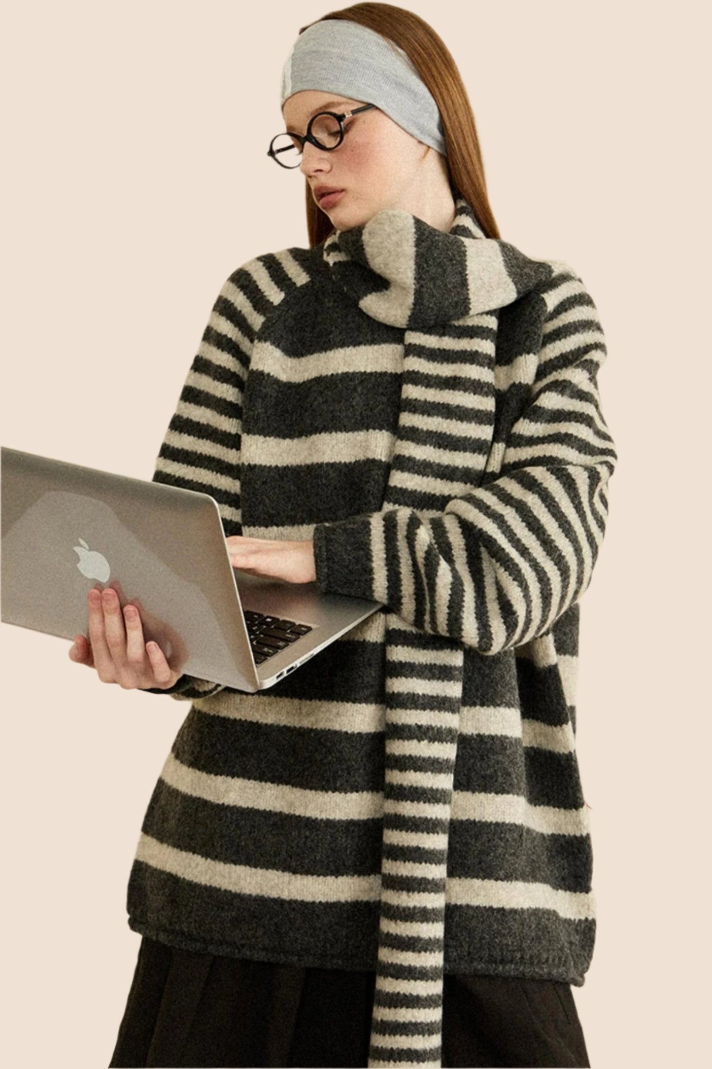 Thickened Striped Loose Knit Top Scarf Set