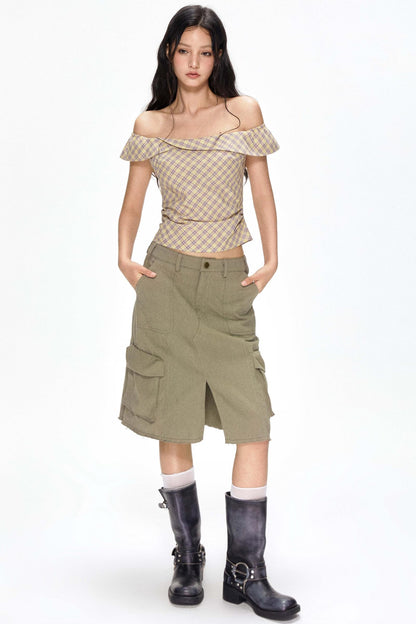 One-Shoulder Yellow Plaid Blouse