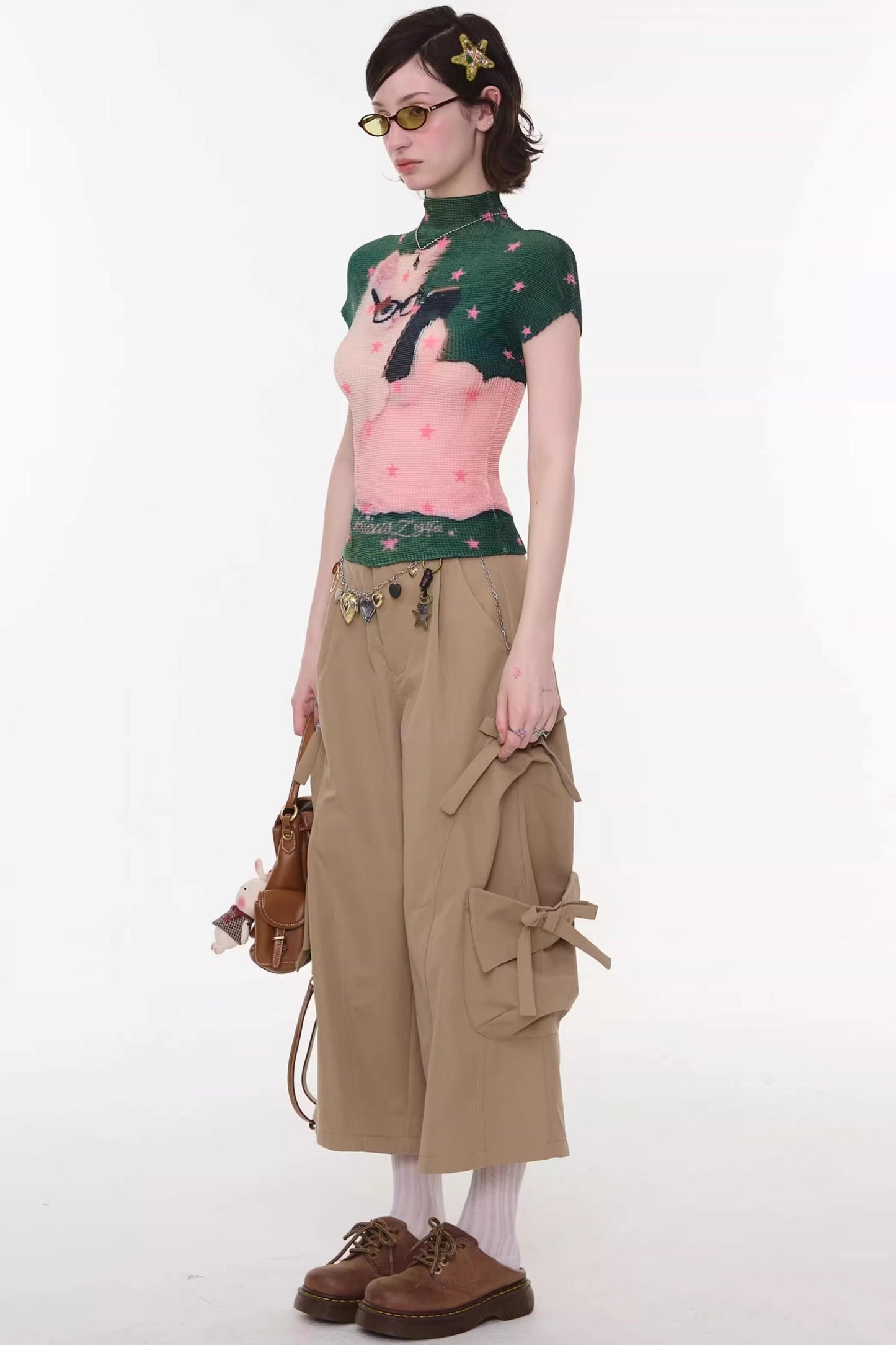 Sweet Pleated Cat Print T-Shirt