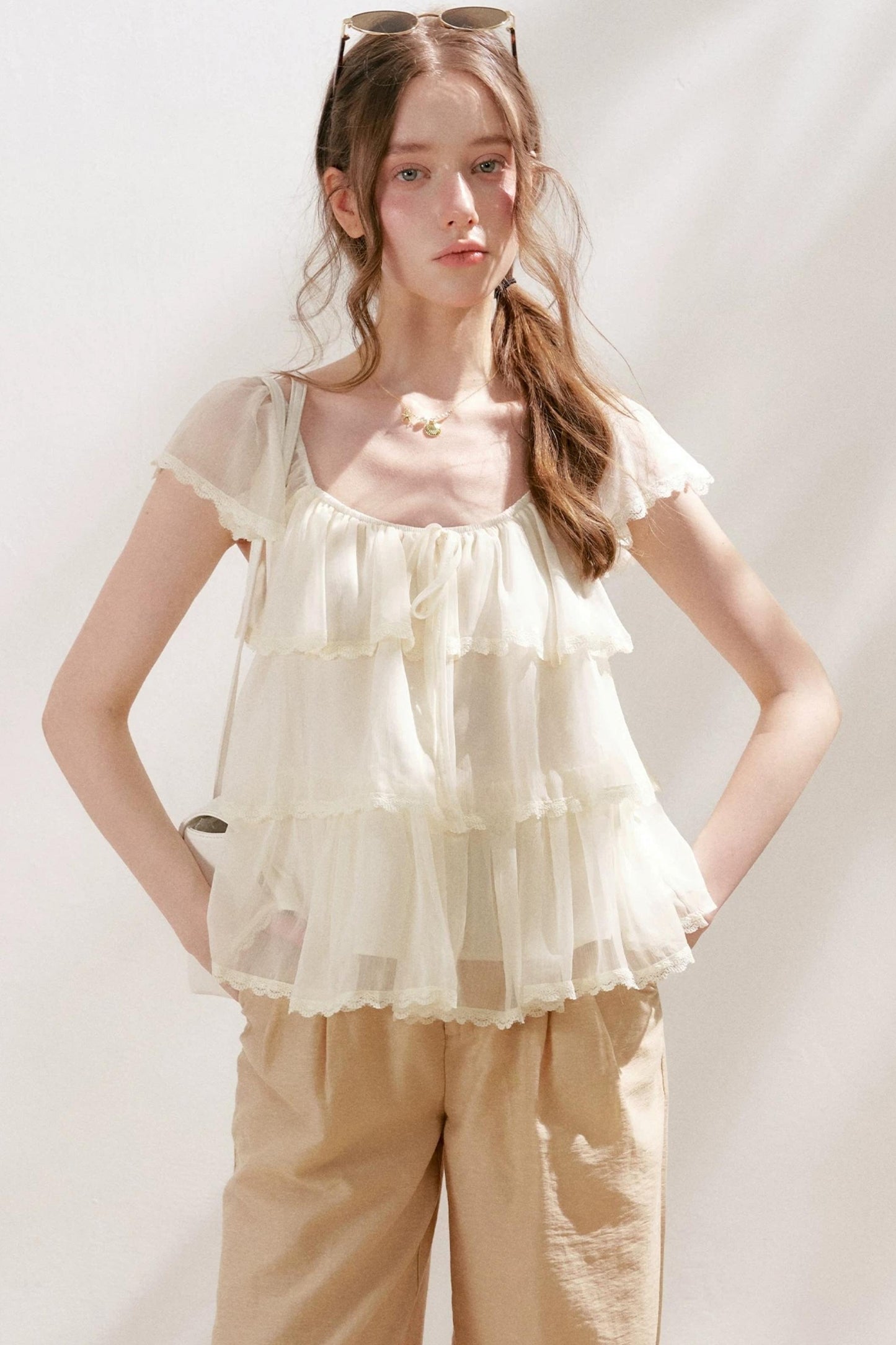 Square-Neck Chiffon Ruffle Blouse
