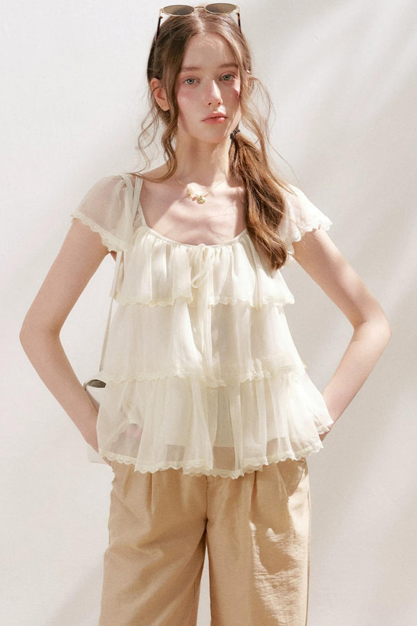 Square-Neck Chiffon Ruffle Blouse