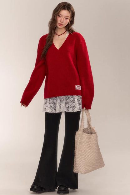 Asgony Red Retro Knit Sweater