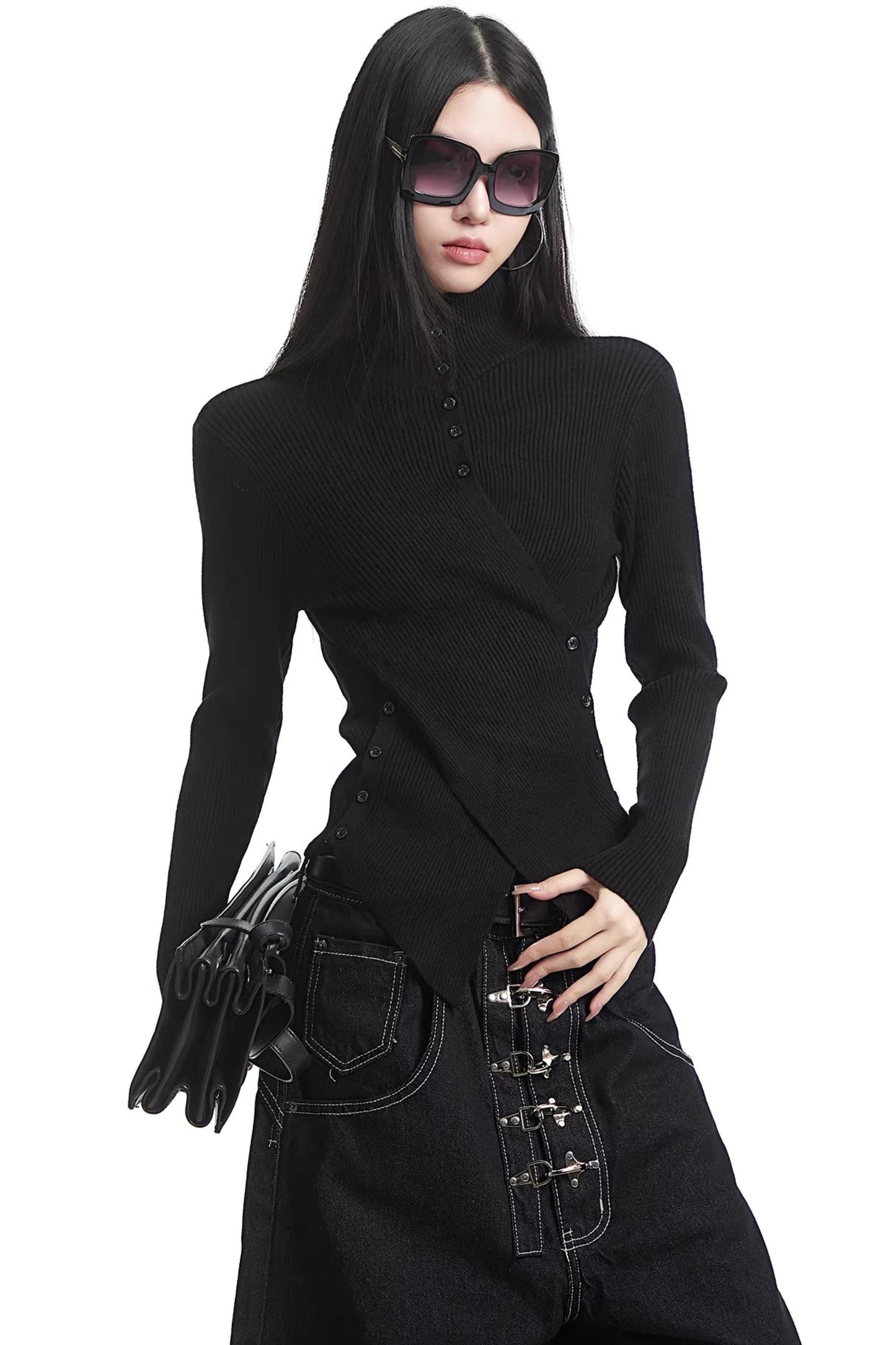 Black Half-High Collar Knit Sweater