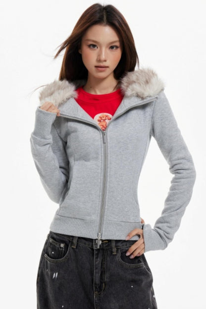 Fur Collar Slim Cotton Hooded Jacket