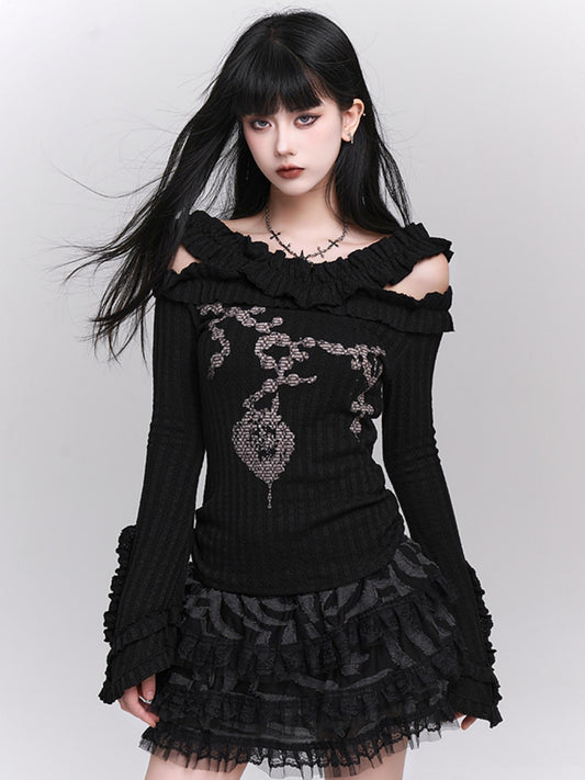 Ghost girl early autumn wear sweet and spicy chic top, black off-the-shoulder knit top, women's long sleeves, beautiful one-shoulder