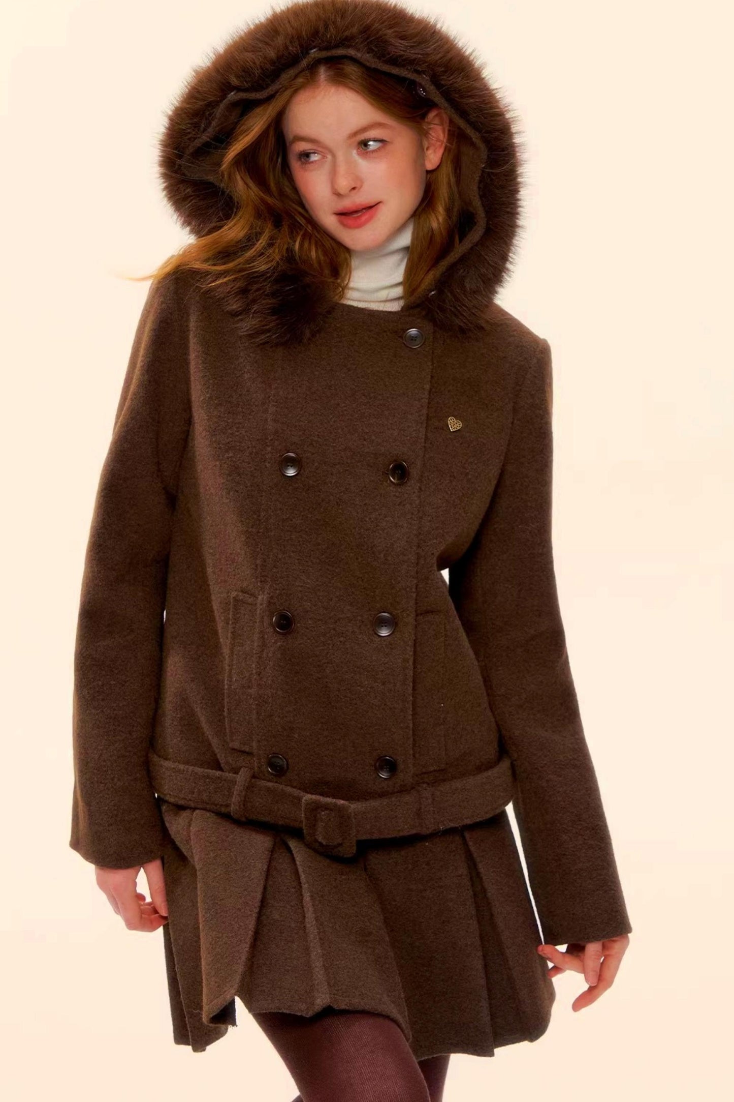 Retro Coffee Woolen Coat Skirt Set-Up