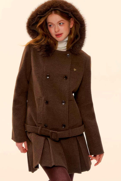 Retro Coffee Woolen Coat Skirt Set-Up