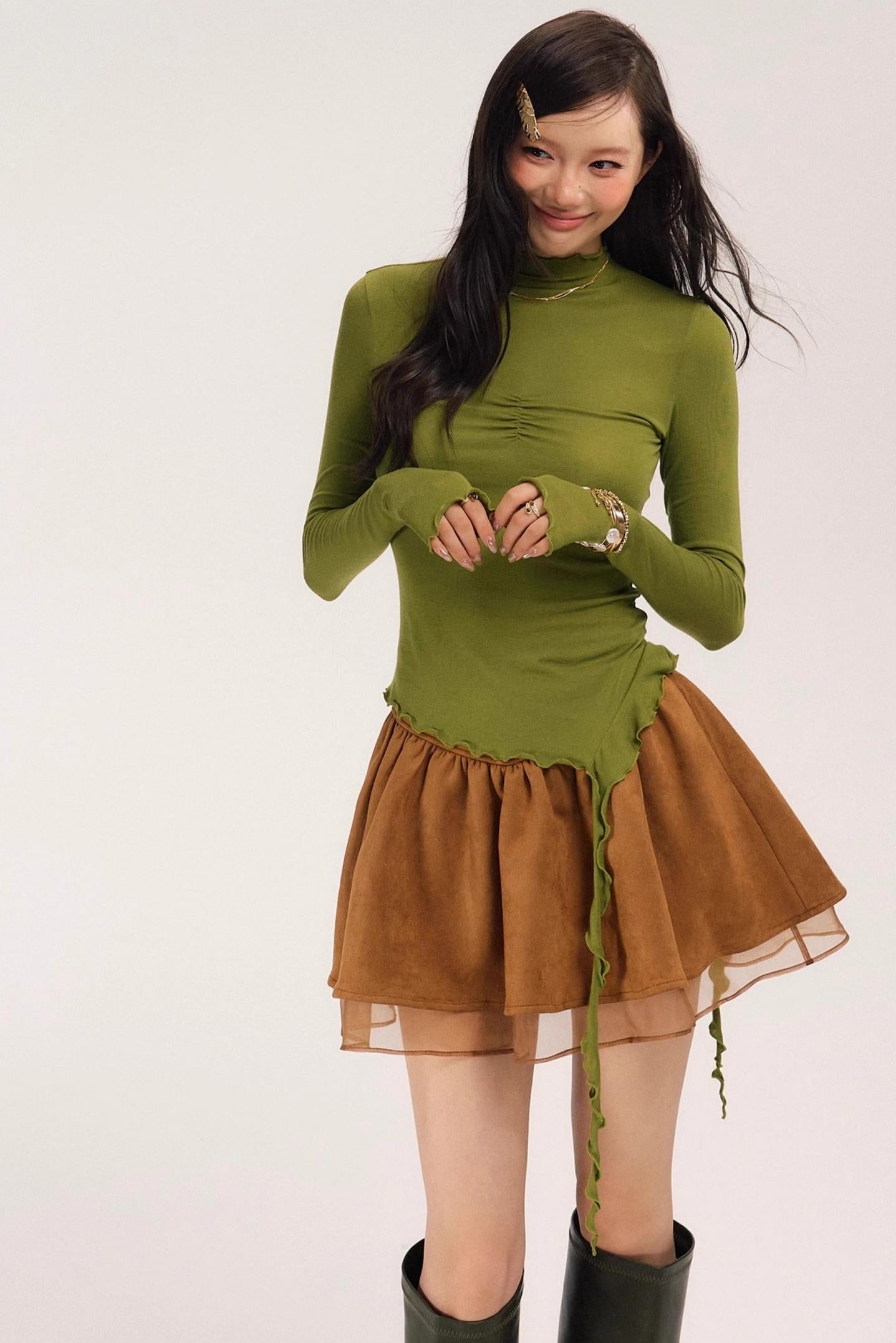 Suede Flower Bud Puffy Skirt