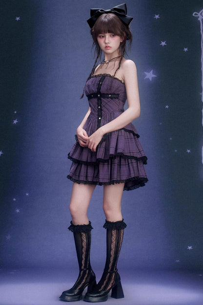 Grape Purple Plaid Strapless Dress Set