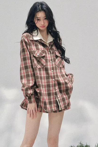 British Cafe Plaid Shirt and Short Skirt Set-Up