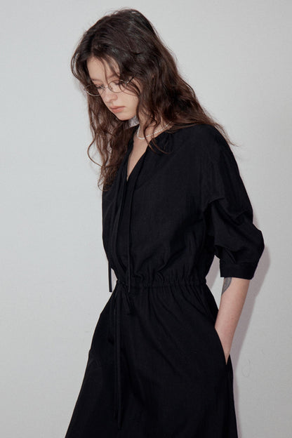 V-Neck Pleated Sleeve Dress