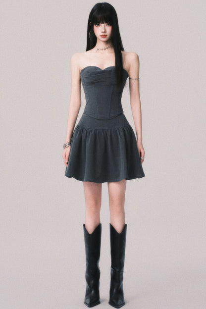 Gray Fishbone Waist Top Bustier Skirt Set-Up