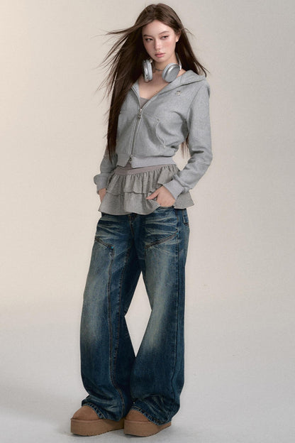 BLUE WASH DISTRESSED STRAIGHT-LEG JEANS