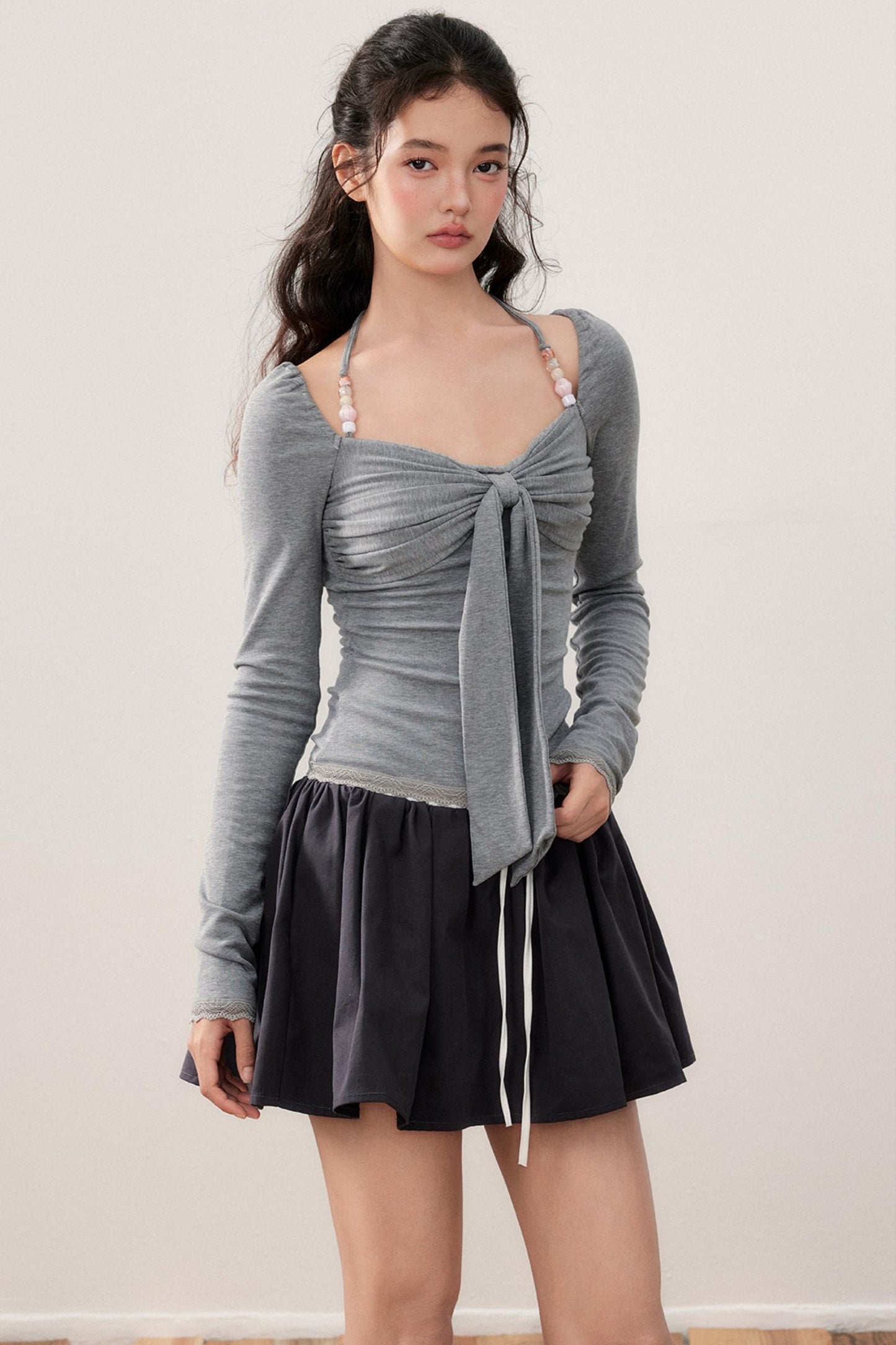 Pleated Bow Beaded Halterneck Top