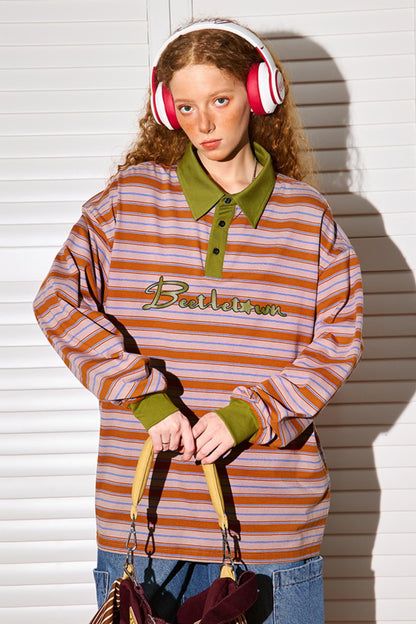 Loose Fit Striped Polo Neck Top