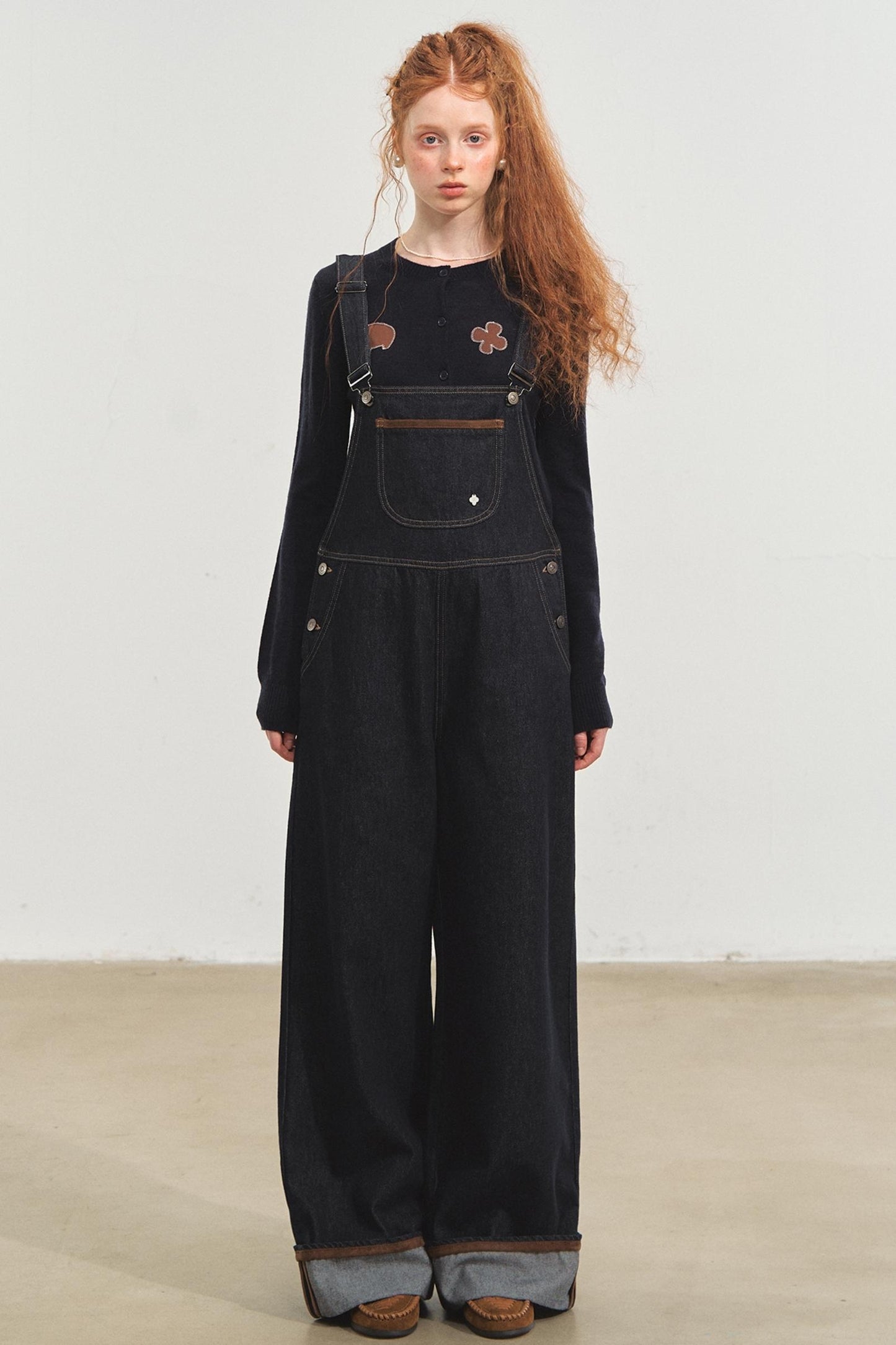 Dark Blue Denim Cuffed Overalls Pants