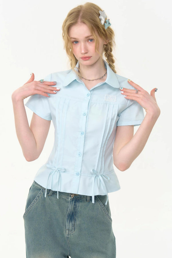 Retro Blue Bow Blouse