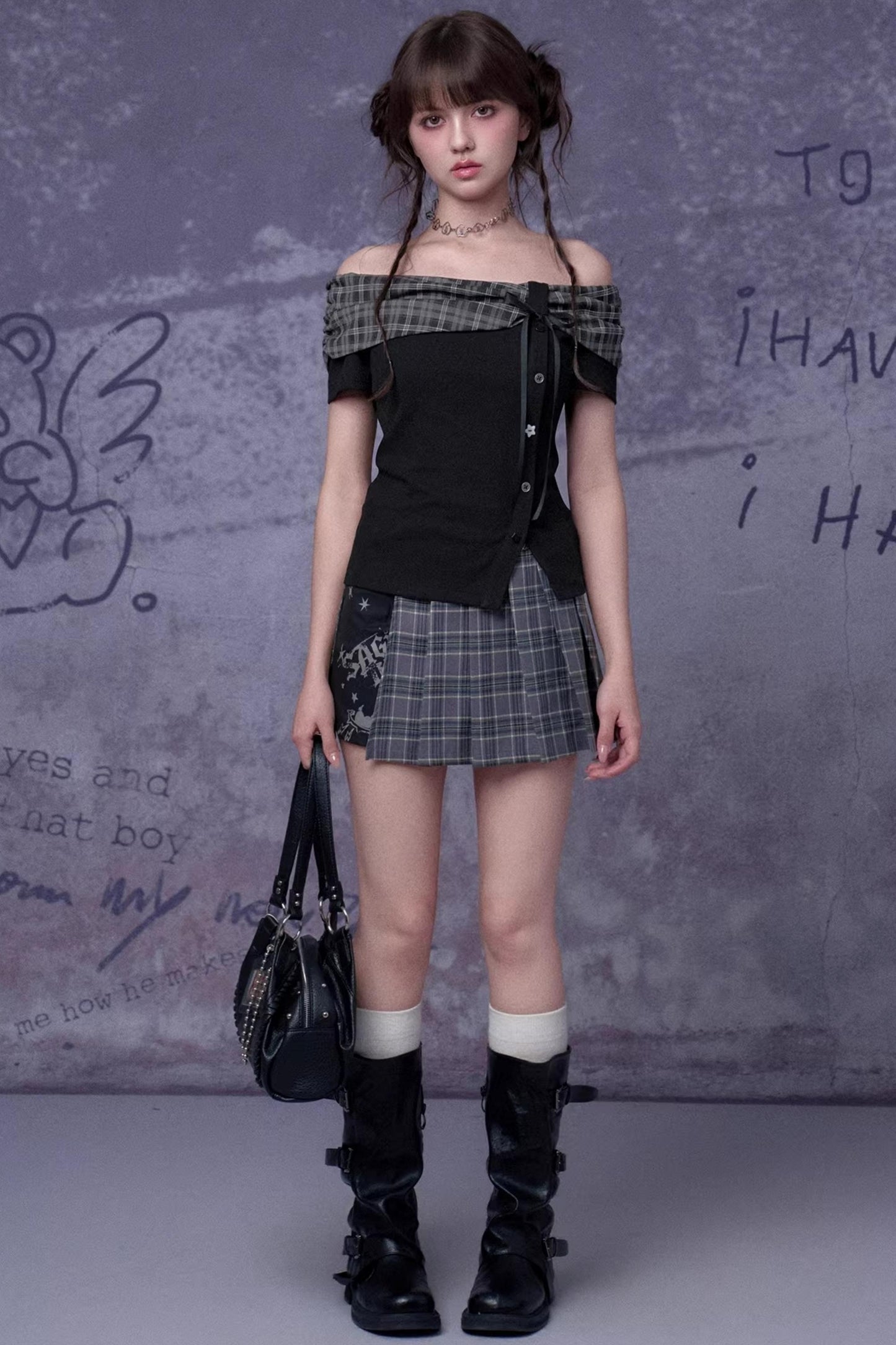 Plaid Bow-Knot One-Shoulder Matching Set