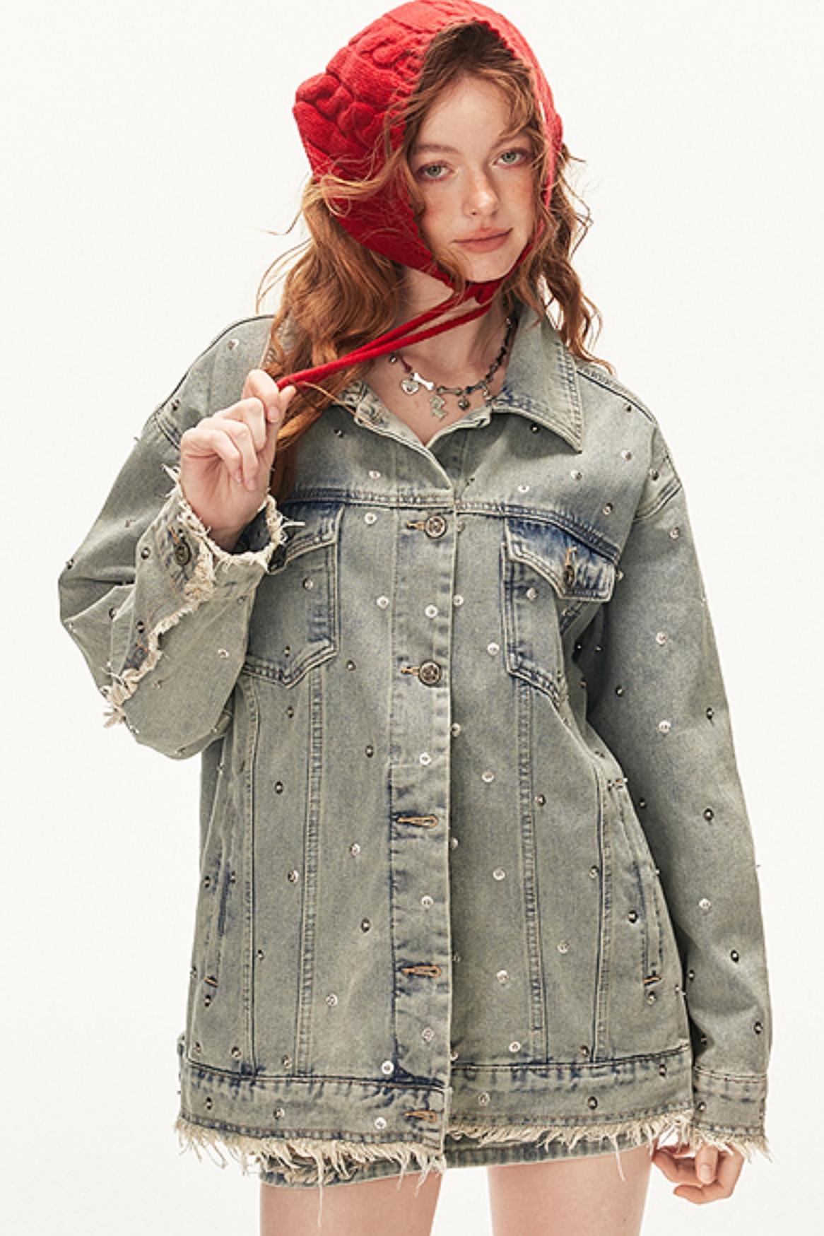 Denim Studded Jacket With Short Skirt Set-Up