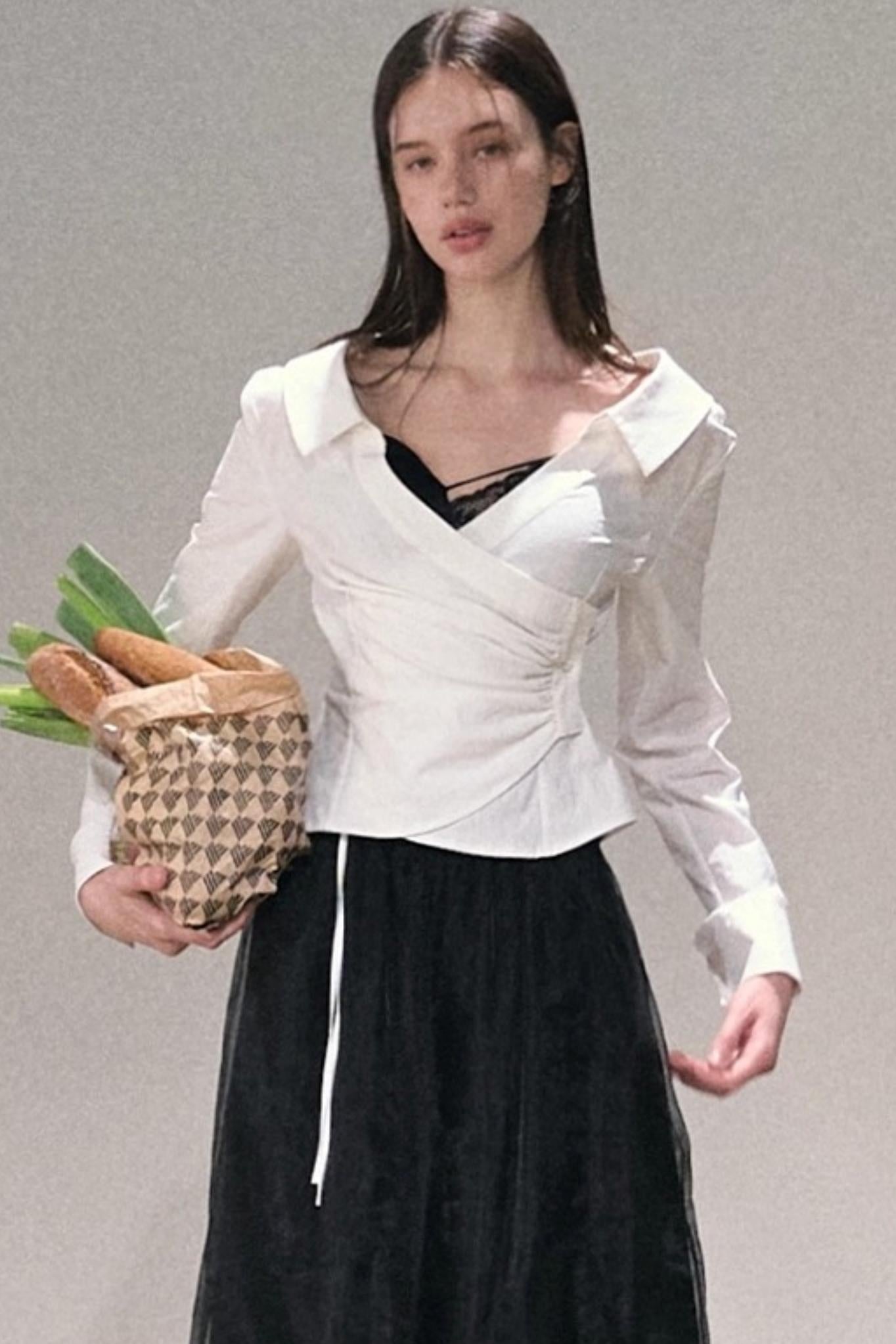 Crumpled Texture Collar Stretch Shirt