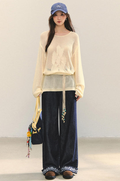 Embroidered Straight-Leg Pants