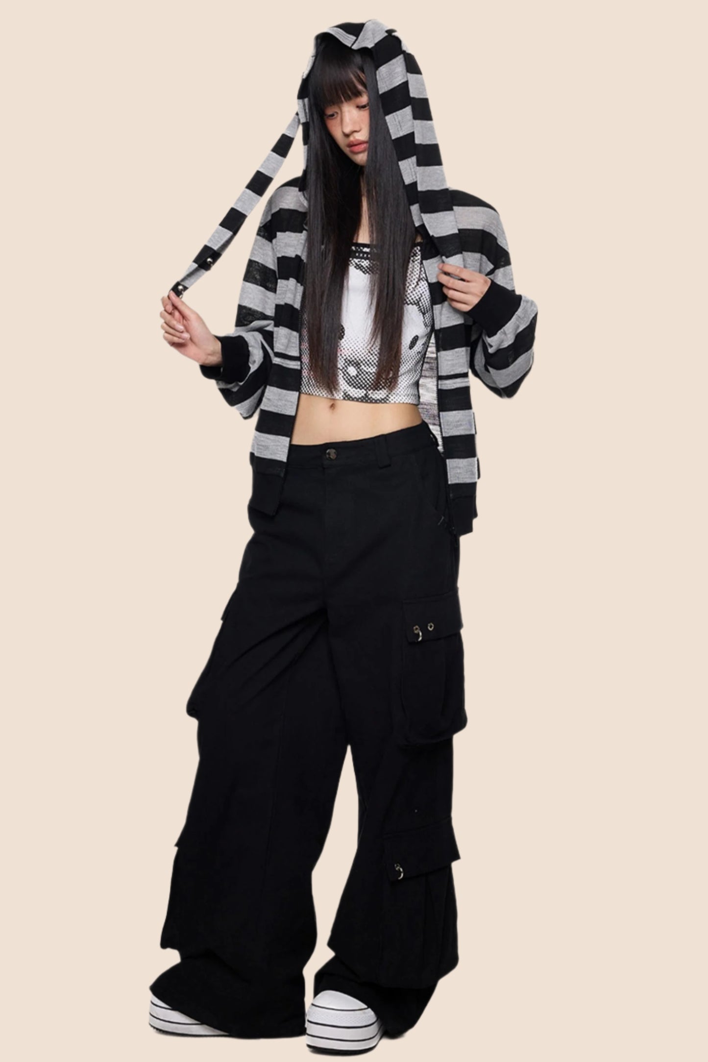 Rabbit Ears Stripe Hooded Long Sleeve Cardigan