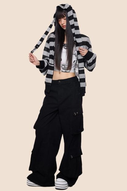 Rabbit Ears Stripe Hooded Long Sleeve Cardigan