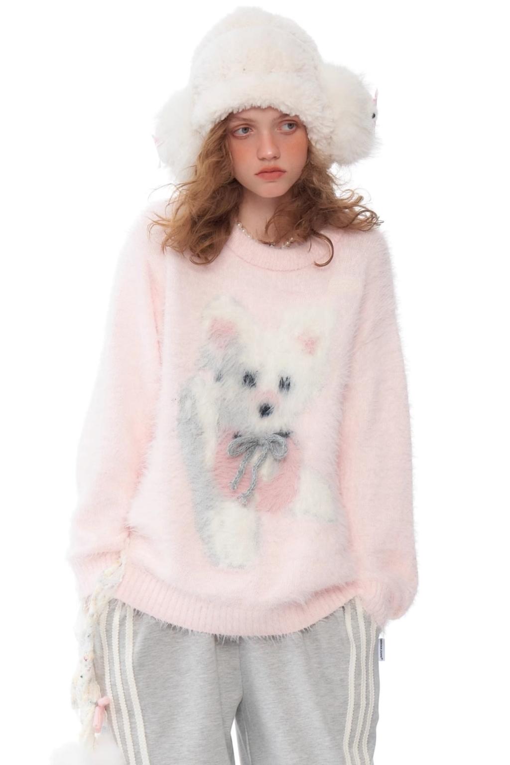 Plush Dog Print Pink Knit Top