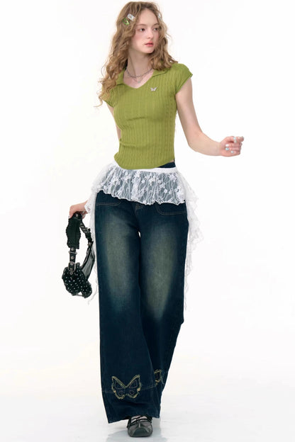 American Retro Butterfly Blue High-Waisted Wide-Leg Jeans