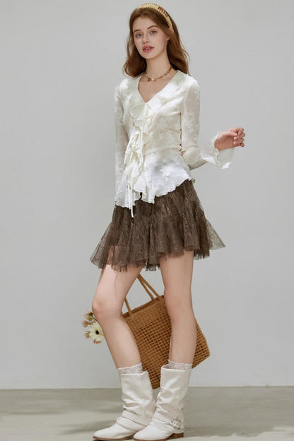 Autumn Womens V-neck Ruffled Top